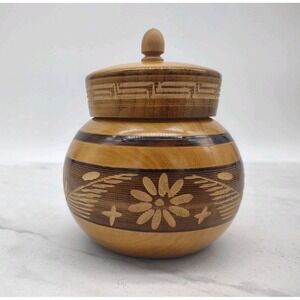 Vintage Wooden Sphere Carved Flowers Trinket Storage Container Signed 1997